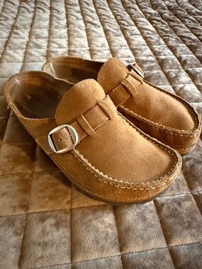 Birkenstock Buckley Suede Slip-On Clog in Tan with Silver Buckle